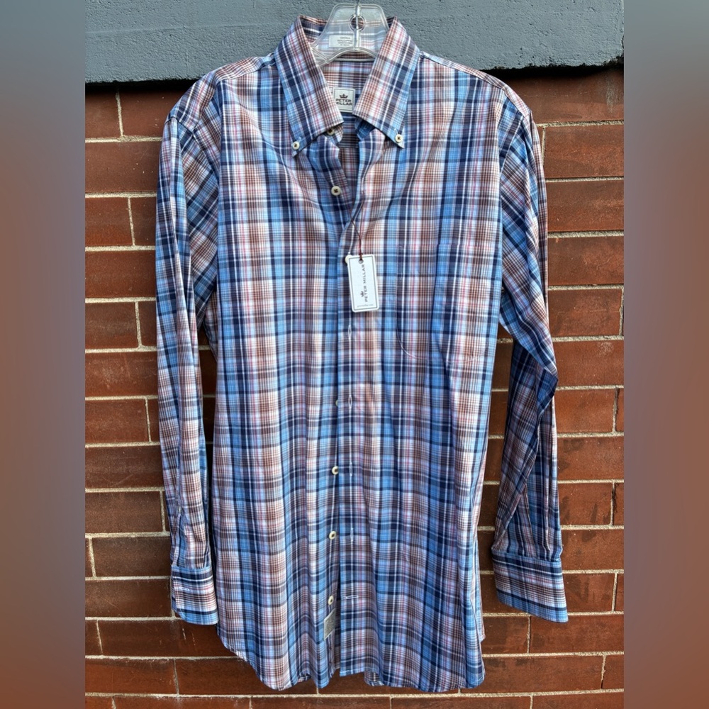 Peter Millar Men’s Button Down Shirt Blue Brown Plaid Size Small 100% Cotton NWT